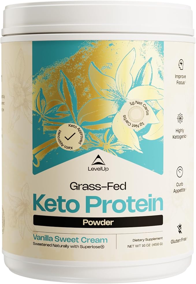 LevelUp Keto Protein with Collagen Peptides Energizing MCT Whey Isolate Protein Ketogenic Protein Powder Supplement - Vanilla Sweet Cream