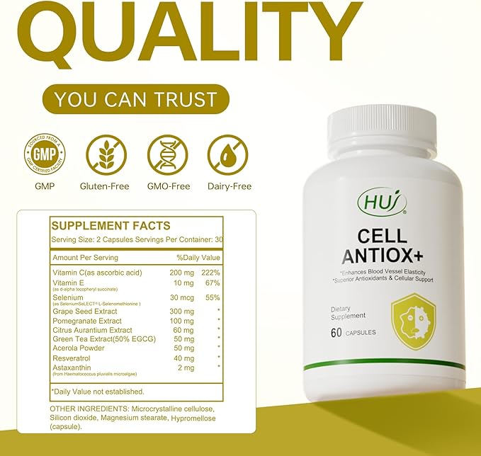HUJ Cell Antiox+ Supplement - Superior Antioxidants &amp Cellular Support - Contains Grape Seed Extract Pomegranate Extract Resveratrol and Vitamins C and E - 60 Capsules