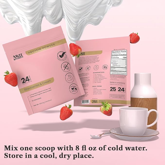 Strawberries &amp Cream Grass-Fed Whey + Hemp Heart Protein Powder with Bovine Collagen | 24g Protein per Serving | Supports Digestion &amp Daily Wellness | 1.5 lbs (25 Servings)