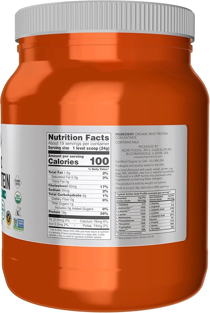 NOW Foods Sports Nutrition Certified Organic Whey Protein 19 g Unflavored Powder 1-Pound