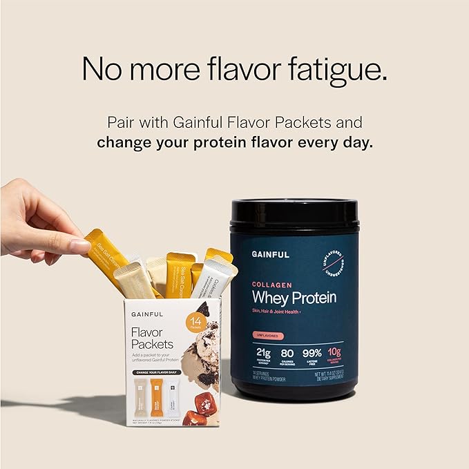 Gainful Collagen Whey Protein Powder &amp Sweet Treat Flavor Bundle 21g Protein Supports Muscle Recovery Joint Health &amp Skin Hydration with Grass-Fed Collagen Peptides 14 Servings + 14 Flavo