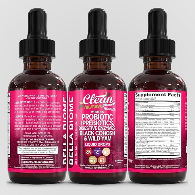 Liquid Probiotics for Women Drops with Chasteberry Black Cohosh Prebiotics Digestive Enzymes Evening Primrose Oil Wild Yam Cranberry Dmannose and Iron Vitamin D3 K2 Clean Nutra Bella Biotics
