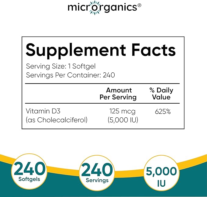 Vitamin D3 5000 IU – Bone Immune &amp Mood Support – Bioactive Cholecalciferol – 240 Softgels 240 Servings
