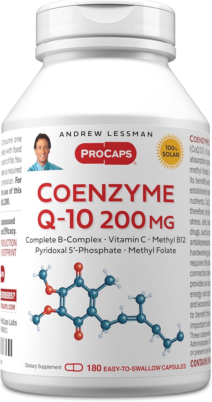 ANDREW LESSMAN Coenzyme Q-10 200 mg 180 Capsules - Essential for Energy Production and Optimum Key Organ Function Anti-Oxidant Support Depleted by Aging Plus B-Complex. Easy to Swallow Capsules
