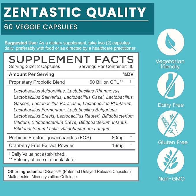 Zentastic Probiotics &amp Prebiotics Supplement - 50 Billion CFU - for Men &amp Women’s Immune &amp Digestive Health - 16 Strains - Shelf Stable - 180 Delayed Release Veggie Capsules