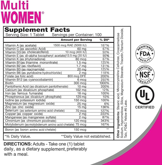 ALFA VITAMINS Multi Women Vitamins Dietary Supplement with Essential Vitamins &amp Minerals for Women - Amino Acids + Antioxidants - 100 Tablets