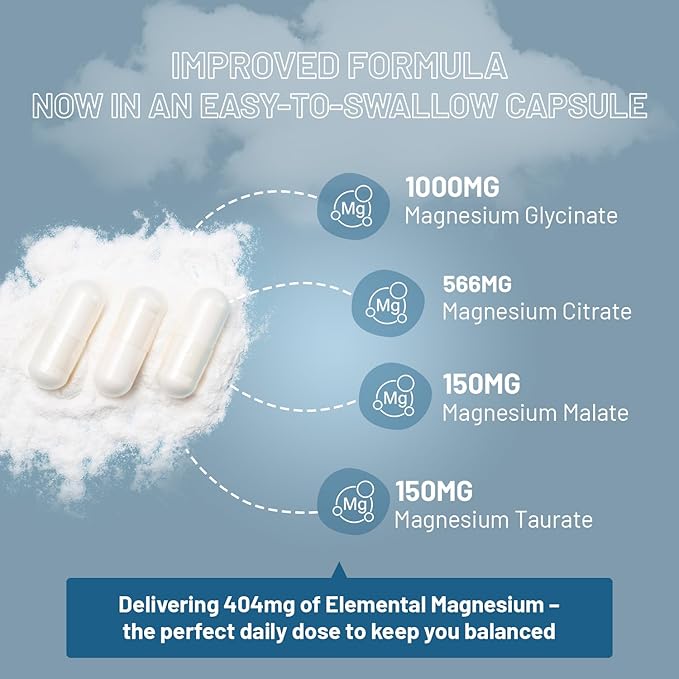Magnesium Glycinate Complex 4 in 1-1866mg per Serving | Precise 404mg Elemental Magnesium dose | Added Magnesium Glycinate Citrate Malate &amp Taurate | 90 Vegan Capsules - by Prowise