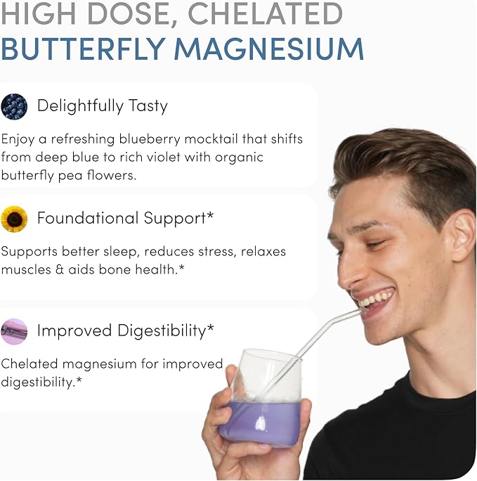 Magnesium Glycinate Powder 200mg | High Absorption Chelated Bisglycinate with Organic Butterfly Pea Flower | Supports Stress Relief Calm &amp Sleep | 8.6 oz 60 Servings