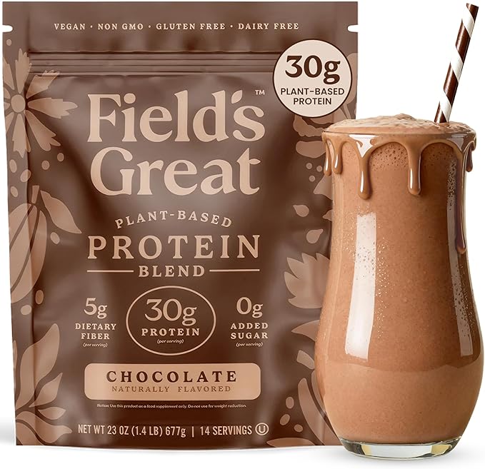 Field's Great All-in-One Plant-Based Chocolate Protein Shake Powder – Healthy Aging 30g Protein 5g Fiber + Probiotics Gut-Friendly Blood Sugar &amp Muscle Support Vegan Meal Replacement GLP1 2