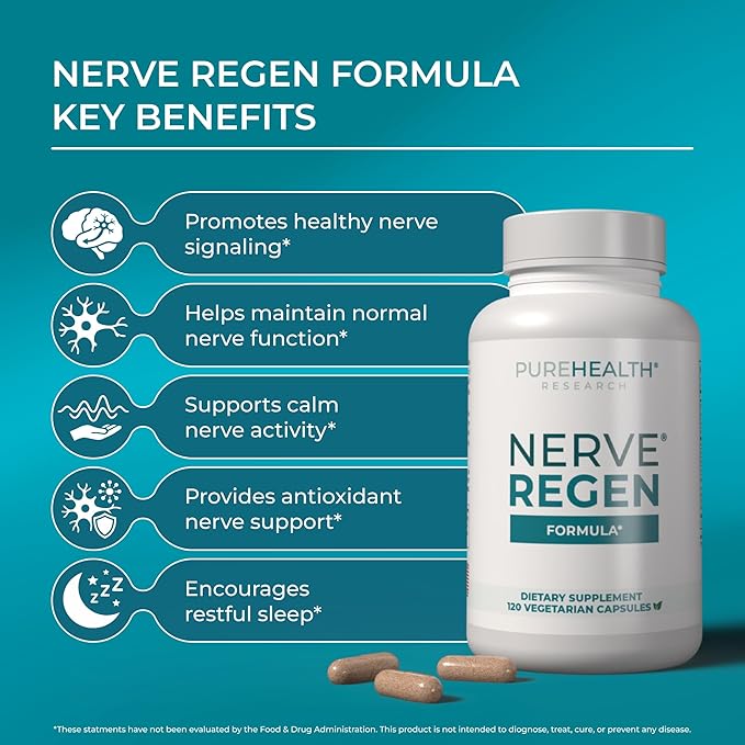 PUREHEALTH RESEARCH Nerve Regen Formula - Nerve Support Supplement for Feet &amp Hands - with Alpha Lipoic Acid ALA Benfotiamine Acetyl L-Carnitine Riboflavin Vitamin B6 B12 D &amp More - 120