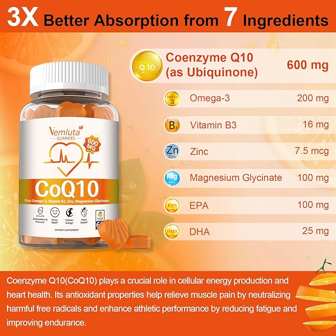 2 Packs 600MG CoQ10 Gummies - 3X Better Absorption Coenzyme Q10 (Ubiquinone) Gummies for Adults Co Q10 Supplement Plus Omega-3 Magnesium Vitamin B3 &amp ZincEnergy Brain＆ Heart Support120 Count