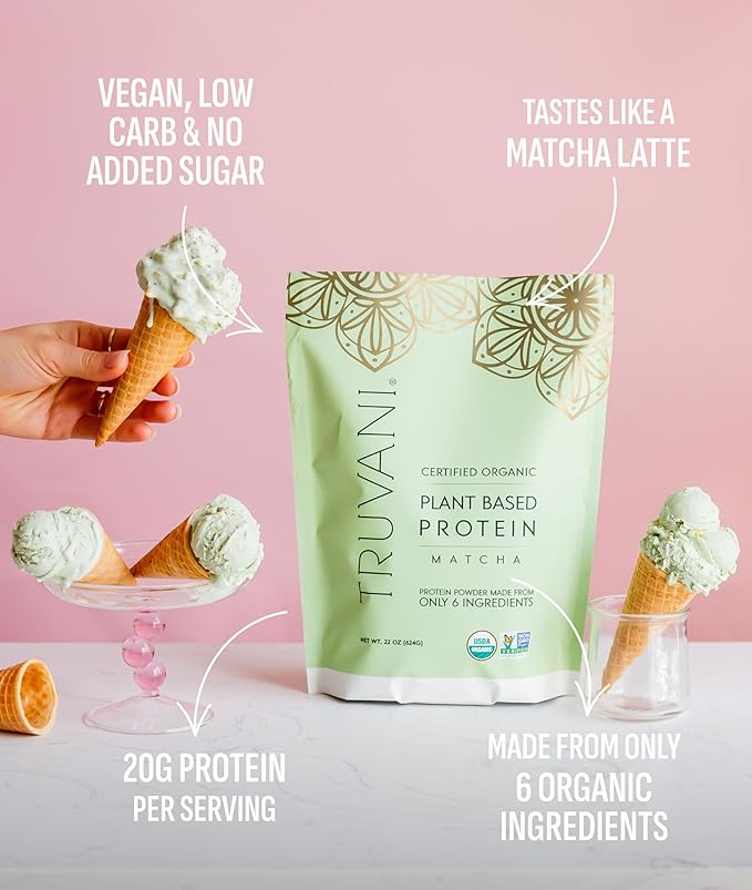 Truvani Vegan Pea Protein Powder | Matcha | 20g Organic Plant Based Protein | Single Serving Travel Packets | 10 Servings | Keto | Gluten &amp Dairy Free | Low Carb | No Added Sugar