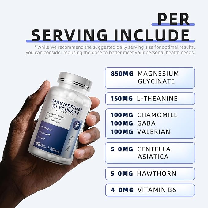 iMATCHME Magnesium Glycinate 850mg Capsules with L-Theanine Chamomile &amp GABA for Sleep Calmness Muscle Bone Health &amp Immune Support Magnesium for Women and Men Vegan High-Absorption 12