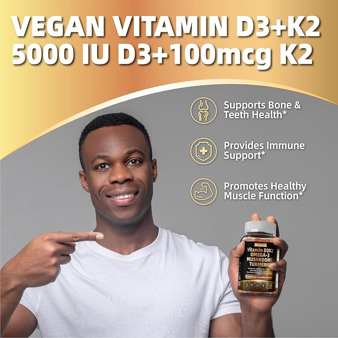 Vitamin D3 5000iu(125mcg) + Vitamin K2(MK7) Gummies with Algae Omega 3 | Maximum Strength Vitamin D3+K2 | for Bone Teeth Energy Immune Calcium Absorption - Vegan Sugar Free120Ct