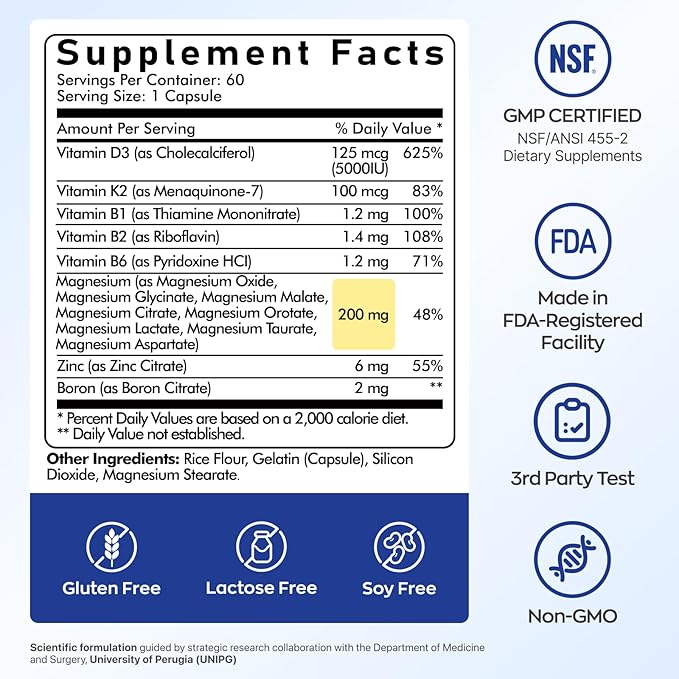 UBIOSKA Vitamin D3 K2 Magnesium Supplement – 5000 IU D3 + MK-7 K2 with 8-Form Magnesium (Glycinate Taurate Malate) for Calm Sleep Stress Relief Mood Balance &amp Strong Bones – 60 Capsules