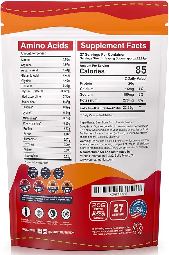 Unflavored Bone Broth Protein Powder for Gut Health &amp Joint Support Grass-Fed Pasture-Raised 20g Beef Protein per Serving Hydrolyzed Instant Bone Broth Collagen Mixes Easily 1.32lb