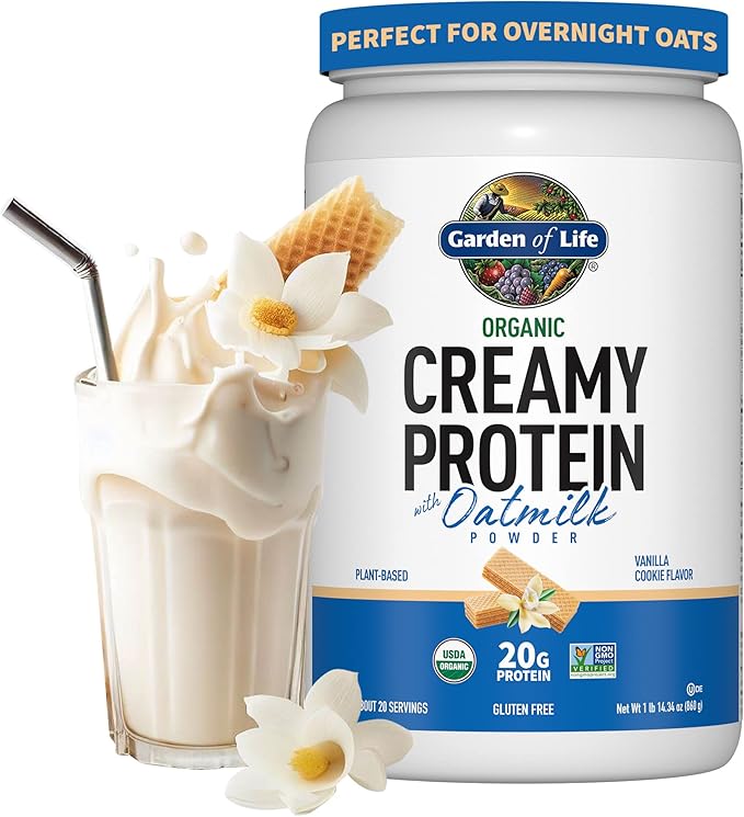 Garden of Life Creamy Plant Protein + Oat Milk Powder + Vanilla Flavor Vegan Protein Powder – Plant Based Prebiotics &amp Probiotics Gluten-Free Non-GMO Vanilla Cookie Flavor 2 LBS