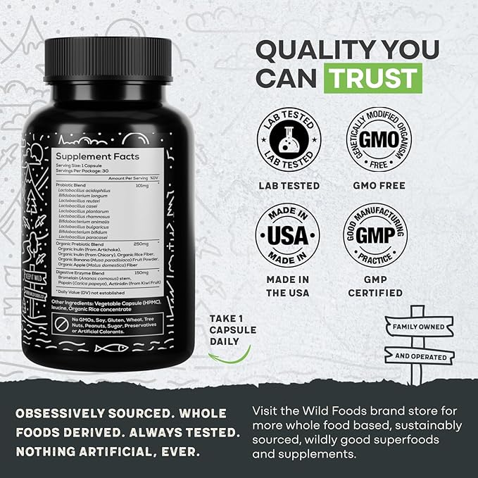 Wild Prebiotics and Probiotics with Digestive Enzymes | 20 Billion CFU - 10 Strains for Women &amp Men | Support Gut Health &amp Digestion Supplements | Non-GMO Prebiotic Fiber | 30 Capsules