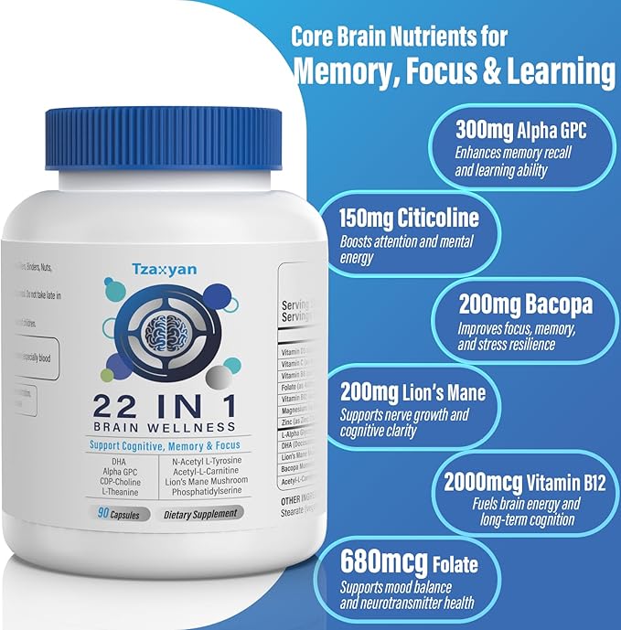 Brain Supplements for Memory and Focus Clarity &amp Cognitive Improvement 300mg Alpha GPC CDP-Choline DHA Lion’s Mane L-Theanine Vitamin &amp Phosphatidylserine for Men &amp Women 120 Capsu