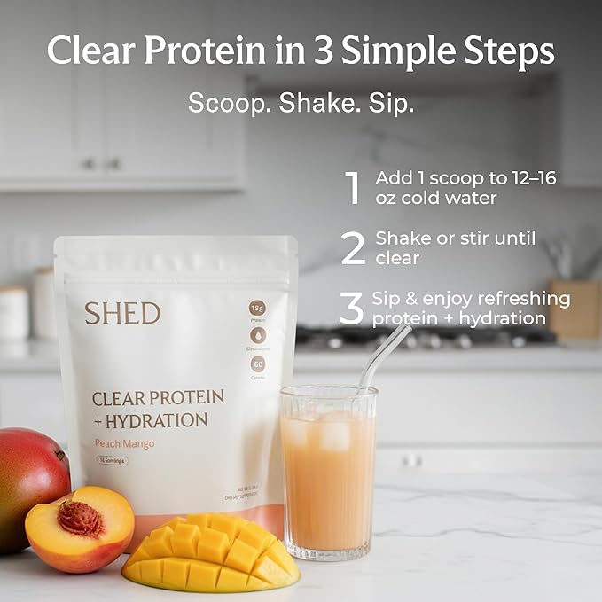 Clear Protein Powder with Electrolytes by Shed 15g Whey Protein Isolate Low Calorie and Lactose Free Light and Clean Hydration Drink Bloat-Free Post Workout Supplement Peach Mango (15 Servings)