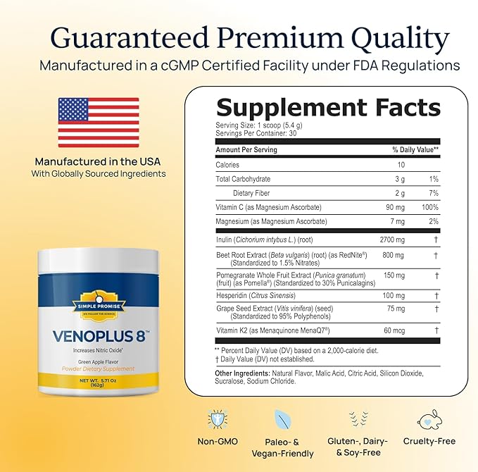 VenoPlus 8 - Beet Root Powder Nitric Oxide Booster Supplement For Men &amp Women - Supports Healthy Blood Flow For Heart &amp Energy - Pomegranate Vitamin K2 Antioxidants &amp Prebiotic Fiber - 3