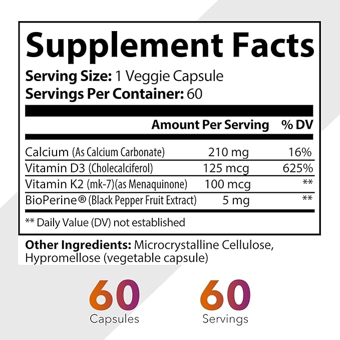 Vitamin D3 (5000 IU) + K2 (100 mcg as MK-7) with Calcium – High Absorption Supplement for Bone Heart &amp Immune Health – 60 Veggie Capsules