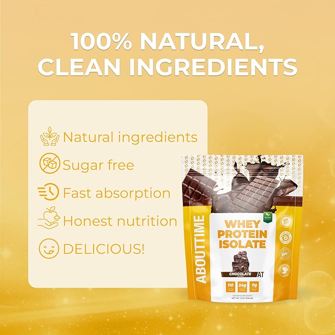 About Time Whey Protein Isolate Powder 24g Chocolate Natural Ingredients Non-GMO Gluten-Free Lactose-Free Zero Sugar Low Carb 32 Servings