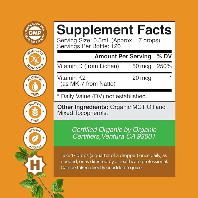 Natures Craft Liquid Vitamin D3 with K2 for Adults - Organic Drops 2000IU per Serving Vegan Bone Muscle Heart &amp Immune Support MCT Oil Enhanced Absorption - 2Fl Oz (Pack of 1)