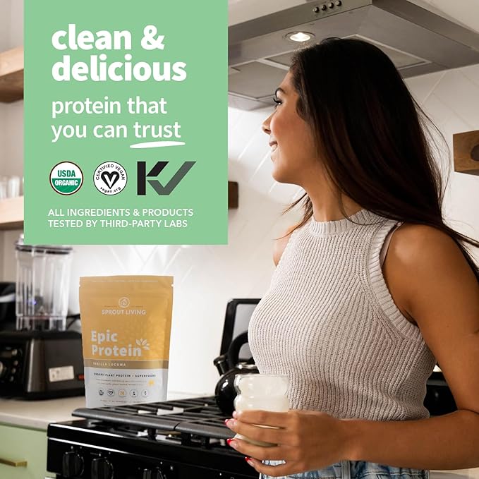 Sprout Living Epic Protein Plant Based Protein &amp Superfoods Powder Vanilla Lucuma Powder | 20 Grams Organic Protein Powder Vegan Non Dairy Non-GMO Gluten Free Low Sugar (2 Pound 24 Serving