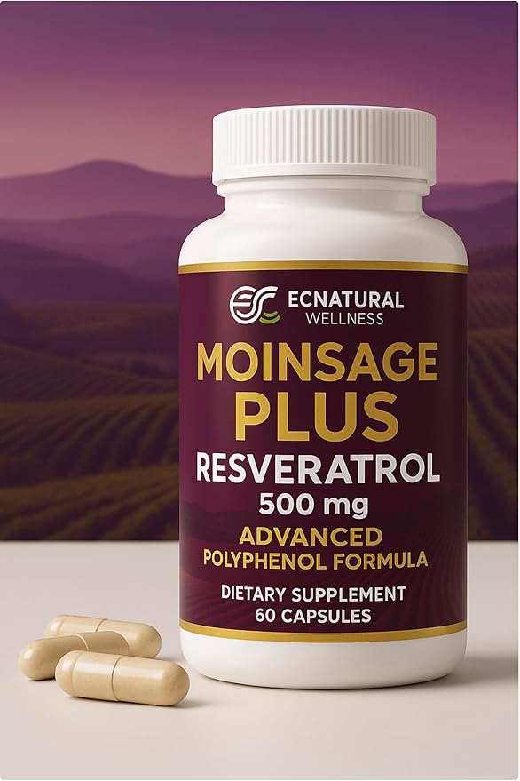 MoinsagePlus Resveratrol 500 mg – Daily Polyphenol Supplement | 60 Vegan Capsules | Plant-Based Ingredients | Allnatural | Gluten Free | Sugar Free | No Artificial Additives | Made in USA