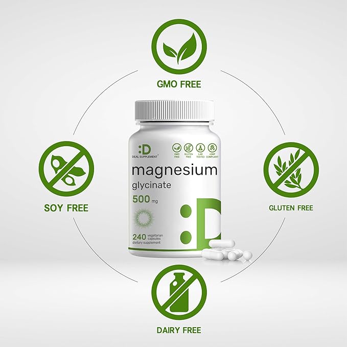 Deal Supplement Magnesium Glycinate 500mg 480 Veggie Capsules | 100% Chelated for Easy Absorption | Essential Mineral Supplement | Non-GMO Gluten-Free