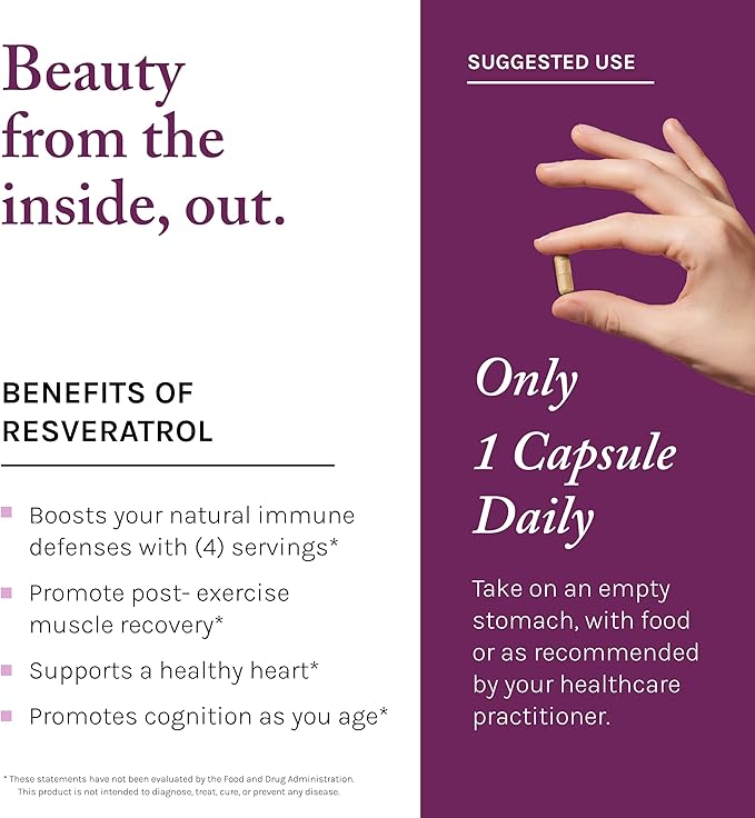 Reserveage Beauty Resveratrol 250 mg - Best Trans-Resveratrol - Vegan Antioxidant Supplement for Cellular &amp Heart Health - Aids Healthy Aging &amp Immune Health - 60 Vegetable Capsules