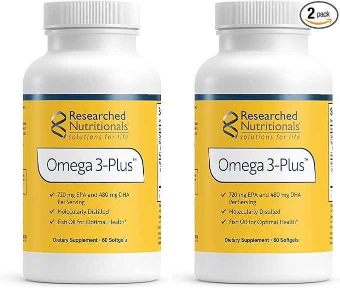 Researched Nutritionals Omega-3 Plus Fish Oil - EPA DHA Omega 3 Supplement to Support Cardiovascular &amp Brain Health - Molecularly Distilled for Purity &amp Safety (60 Softgels) (Pack of 2)