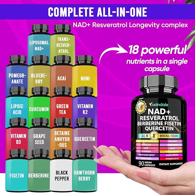 Adndale Liposomal NAD Supplement. Longevity Formula NMN Supplement Alternative. 90CT Advanced NAD+ Resveratrol