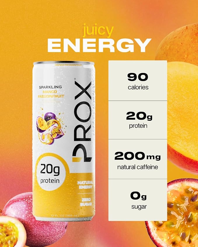 PROX Hybrid Energy Drink with 20g Protein Zero Sugar 200mg Natural Caffeine 90 Calories 12 Pack (Mango Passionfruit)