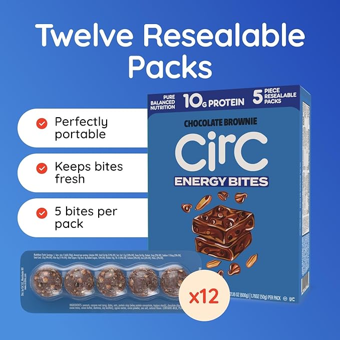 CirC Energy Bites - 12 Pack Chocolate Brownie Gluten Free Protein Balls - 10g Protein Whole Grains Nuts &amp Fruit - Portable Healthy Snacks for Adults &amp Kids 5 Piece Resealable Packs