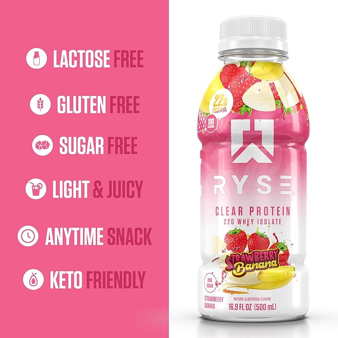 RYSE Clear Protein Drink - Strawberry Banana - 100 Calories 22g Whey Isolate Protein Shake Sugar-Free 0g Fat &amp Lactose-Free - Refreshing Ready-to-Drink Beverage - 16.9 fl oz Bottles (12-Pack)