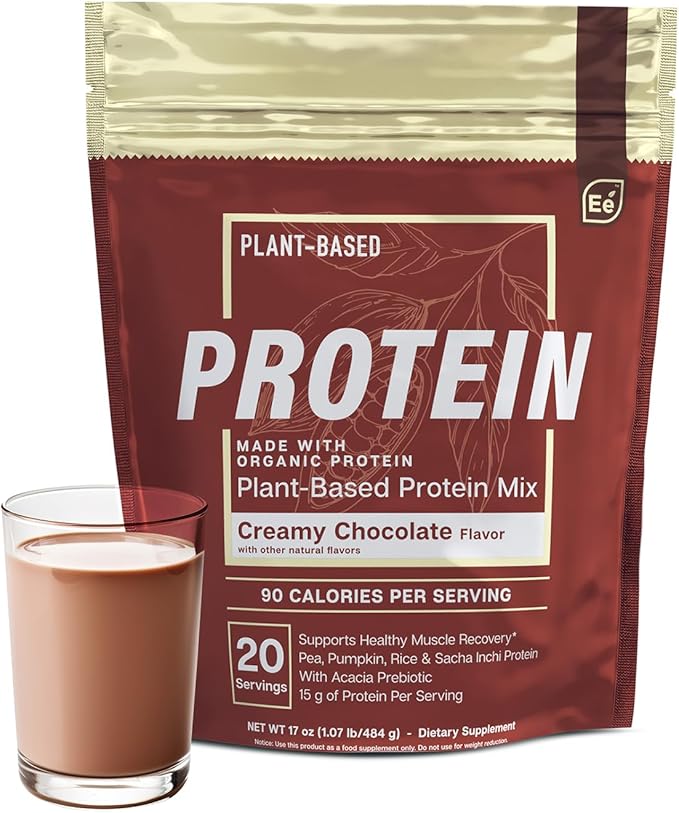 Essential Elements Plant-Based Organic Protein Powder - Creamy Chocolate Flavor - Vegan Sugar-Fee &amp Keto-Friendly - Yellow Pea &amp Sacha Inchi Protein Blend - 20 Servings