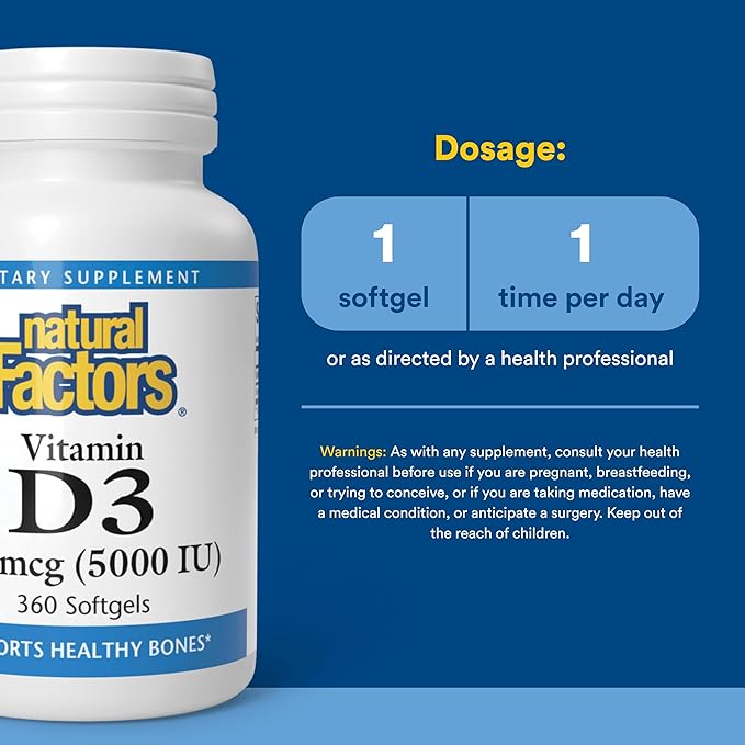 Natural Factors Vitamin D3 5000 IU (125 mcg) Supports Strong Bones Muscles and Immune Function 360 Softgels