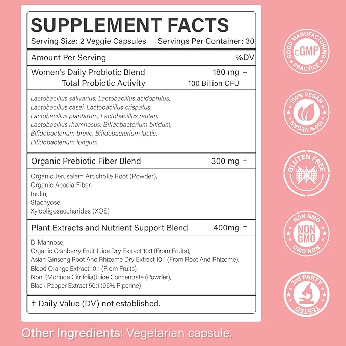 Probiotics for Women – Women’s Probiotic for Digestive Vaginal Urinary Health &amp pH Balance – 100 Billion CFU 11 Strains with Organic Prebiotics Cranberry Extract D-Mannose – Non-GMO 180 Caps