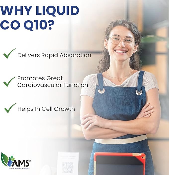 America Medic &amp Science CoQ10 100mg (125 ml) | Liquid Coenzyme Q10 | Dietary Supplement for Men and Women | with Vitamins E B3 B6 B12 and B5 | Promotes Cellular Energy and Better Heart Health