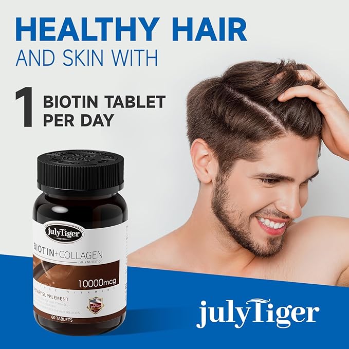 julytiger Biotin 10000mcg with Collagen Supplement Biotin (Vitamin B7) for Healthy Skin and Nailsbiotin Collagen peptide for Women and Men - Vegan Non-GMO Gluten &amp Soy-Free - 60 Tablets