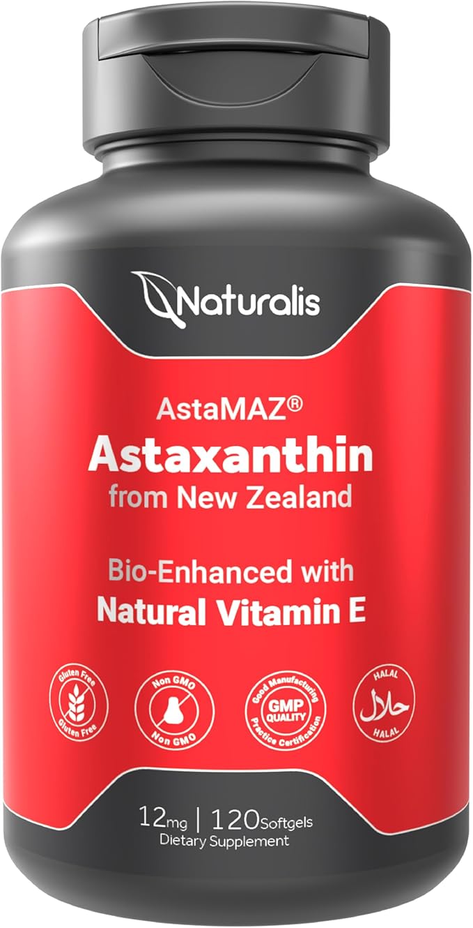 Naturalis New Zealand Astaxanthin (12mg) | Enhanced with Natural Vitamin E | Non-GMO Soy &amp Gluten Free | 120 Softgels (4 Month Supply)