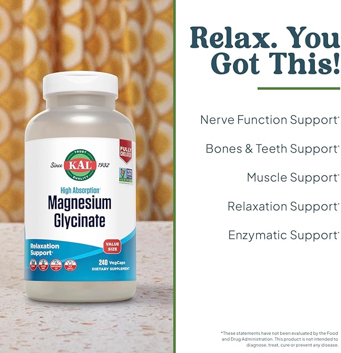 KAL Magnesium Citrate Chewables and Magnesium Glycinate 350 Bundle Nerve Bone Muscle and Enzyme Support 120 Chews 240 VegCaps