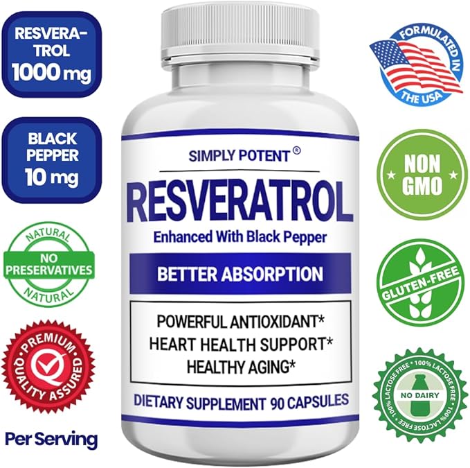 Resveratrol 1000mg Supplement Trans Resveratrol 500mg Resveratrol Enhanced with Black Pepper for Max Absorption Powerful Antioxidant &amp Anti-Aging Pills for Heart Immune &amp Skin Health 90 C
