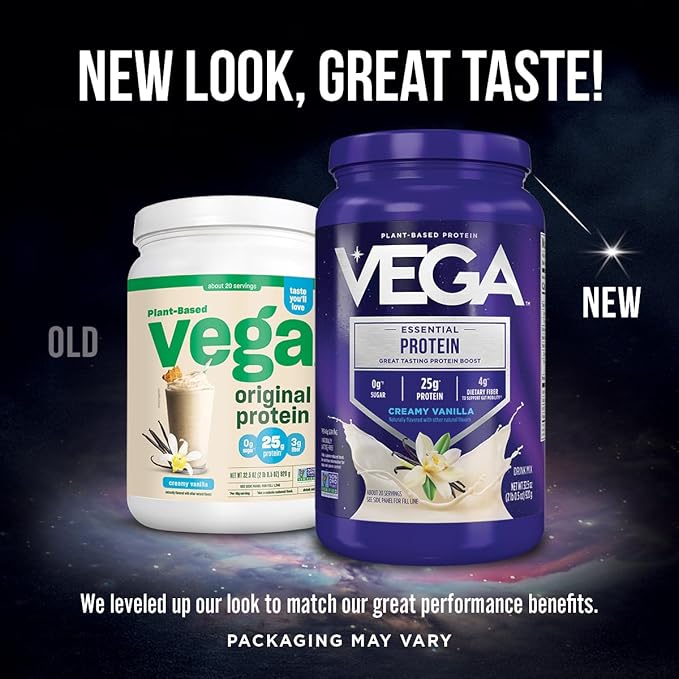 Vega Original Essential Protein - 25g Plant-Based Protein Creamy Chocolate 20 Servings Vegan Non-GMO Drink Mix Smoothie &amp Shake Ready Gluten Free Dairy Free 32.5oz (Packaging May Vary)