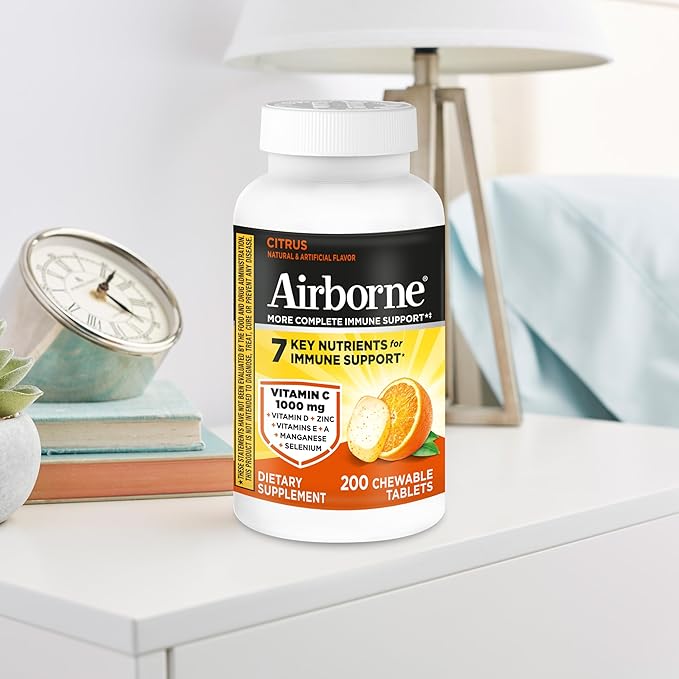 Airborne Citrus Chewable Tablets 200ct | Immune Support Supplement with 1000mg Vitamin C + Vitamins A D E ZincSelenium &amp Manganese | Herbal Blend | Gluten Free