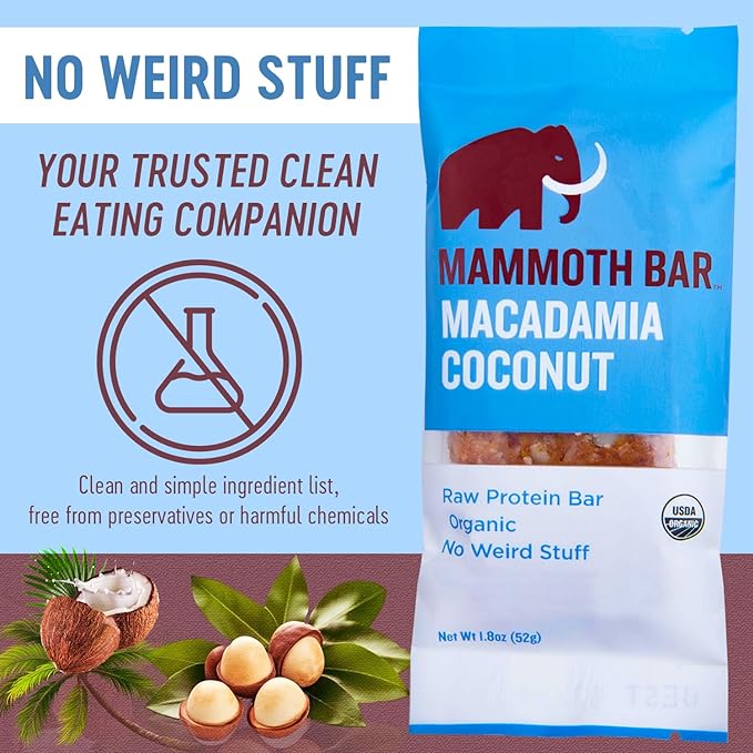 Mammoth Bar 20 pack saver bundle - 10 Macadamia Coconut &amp 10 Goji Berry Trail Mix Bars -Organic Protein Bars – Prebiotic • Gluten Free • Egg Protein • GMO Free • Raw • Premium Nuts