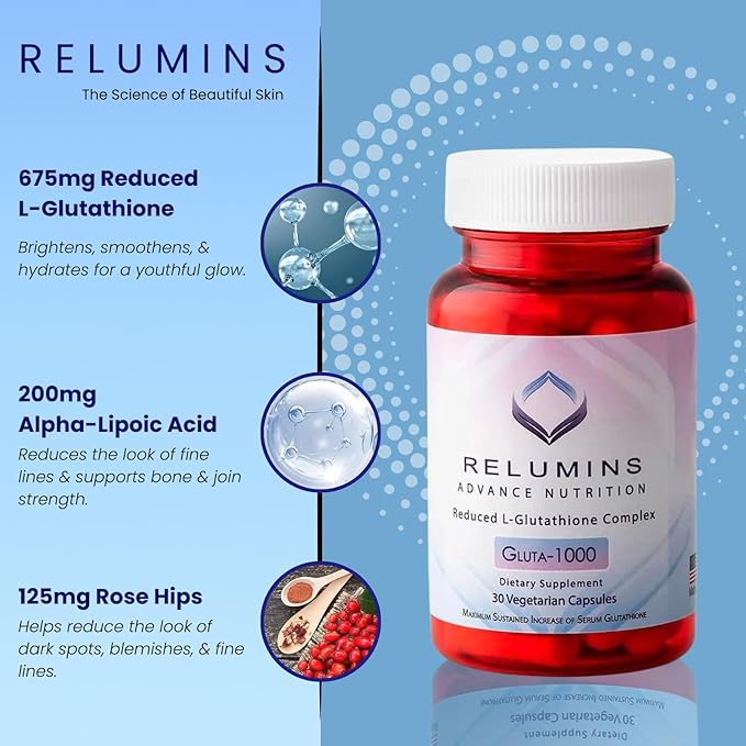 Relumins Premium Collagen &amp Gluta-1000 Bundle - 10 Sachets of Marine Collagen (Blueberry Flavor) + 60 Vegetarian Capsules - Supports Skin Health &amp Wellness