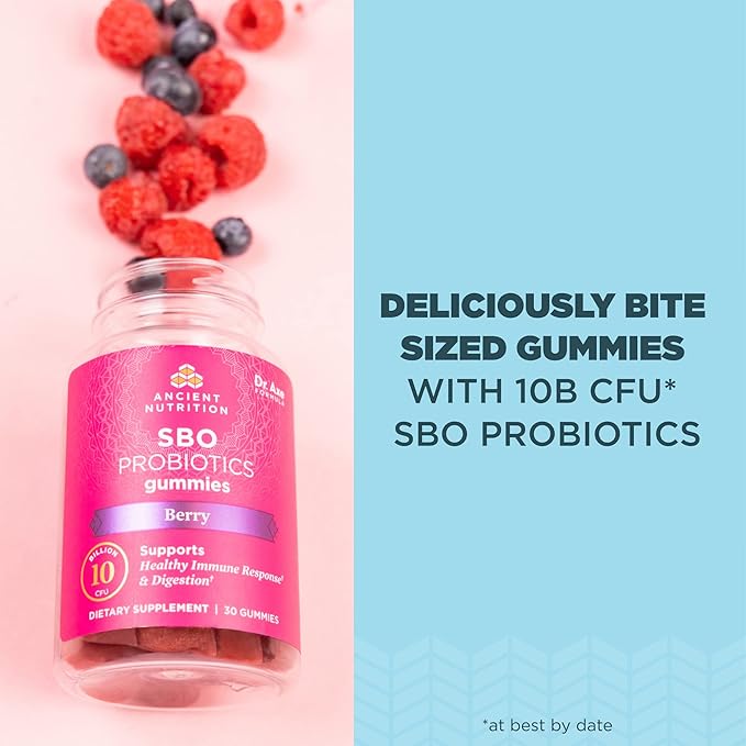 Ancient Nutrition Probiotics SBO Probiotics Berry Gummies 10 Billion CFUs*/Serving Healthy Digestive and Immune Response Support Gluten Free Reduces Occasional Bloating 60 Count